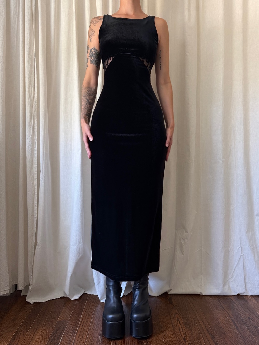 All that Jazz Black Velvet Mesh Cutout Maxi Dress Women's Size Small | Goth